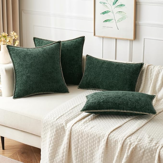 MIULEE Decorative Couch Throw Pillow Covers 20x20 Inch Dark Green 2 Pack | Farmhouse Pillow Covers with Stitched Edge, Soft Chenille Cushion Cases, for Sofa Bed Living Room Home Decor