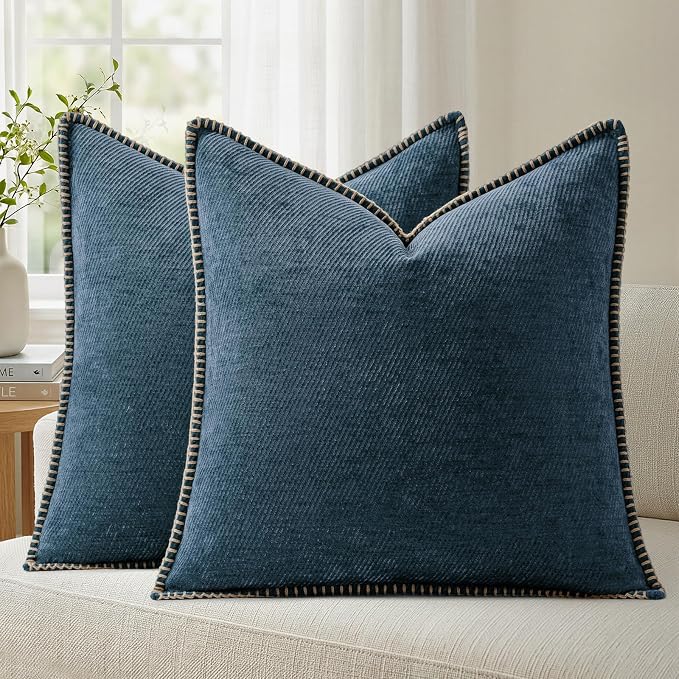 a moment Pack of 2 Decorative Chenille Throw Pillow Covers with Twill Cushion Covers for Sofa Living Room Couch Bed 16x16 Inch,Crafted Border Blue