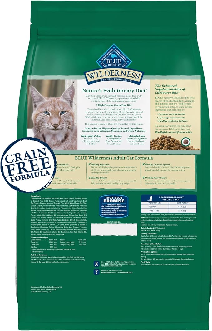 Blue Buffalo Wilderness Duck Adult Dry Cat Food, Grain-Free, 5 lb | Real Duck #1 Ingredient, High Protein & Grain-Free Recipe, Supports Immunity with Antioxidant-Rich LifeSource Bits