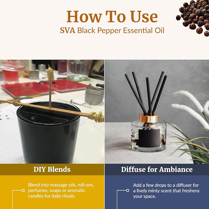 SVA Black Pepper Essential Oil 4 Fl Oz – for Diffuser, Skin & Hair Care – Ideal for Massage & DIY Blends - with Dropper