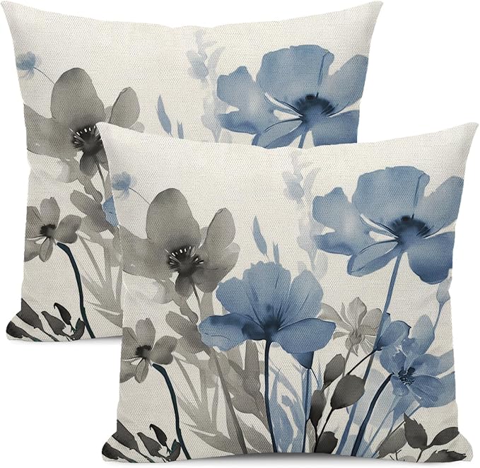 Spring Floral Pillow Covers 18x18 Inches Set of 2 Gray Blue Floral Throw Pillow Covers Outdoor Rustic Summer Flower Decoration Pillowcase Farmhouse Decorative Cushion Cover For Home Sofa Couch