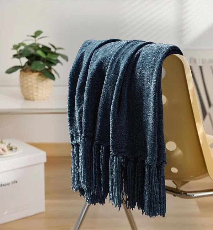 Chenille Throw Blanket for Couch 60" x 80" Twin, Navy Blue | Soft Cozy Warm Throws with Fringe Tassel, for Living Room Bed Sofa Chair Cover, Lightweight Knitted Decorative Boho Blankets