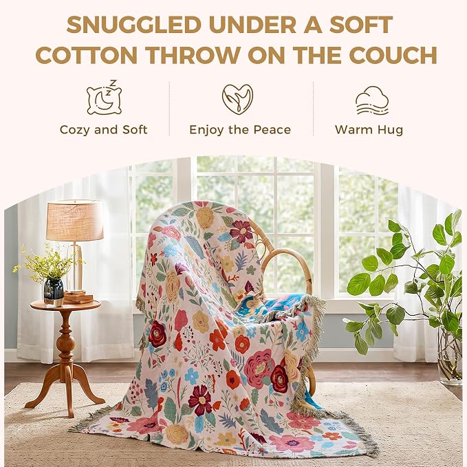 LUTBM Boho Throw Blanket for Bed 60"x80", All Season Cotton Couch Blankets | Reversible Floral Leaves Jacquard, All-Season Twin Lightweight Breathable Quilt, For Chair Sofa Bedroom Living Room Decor