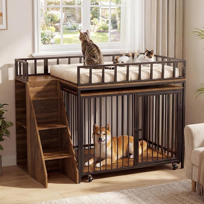 37" Dog Crate Furniture, Wooden Dog Kennel Indoor with Storage (Walnut) | Heavy Duty Pet Cage Indoor for Small & Medium Dogs, Dog Kennel with Storage Shelf, 4 Lockable Wheels and Stairs, Loft-Style