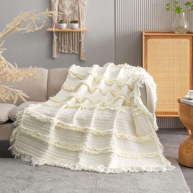 Pre-Washed Ultra Soft Quilted Cream King Size Blankets for Bed, Ruffle Fringed Chic Boho Decorative Throw, Stone Washed Blanket for Sofa Couch Bed 104"x90"