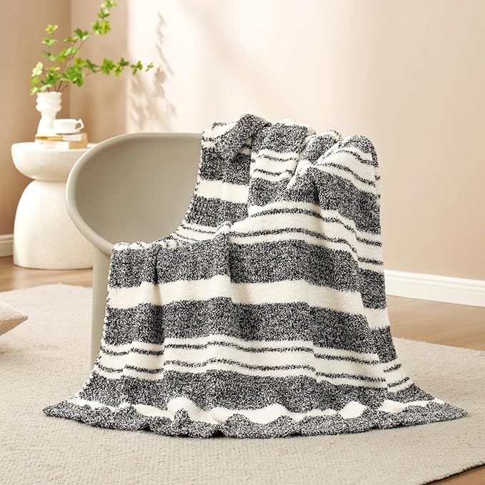 Snuggle Sac Heather Throw Blanket for Couch, Reversible Super Soft Blankets Warm Cozy Knit Fuzzy Plush Lightweight for Sofa, Bed, Camping, Picnic (Stripe Black, Throw(50"x 60"))