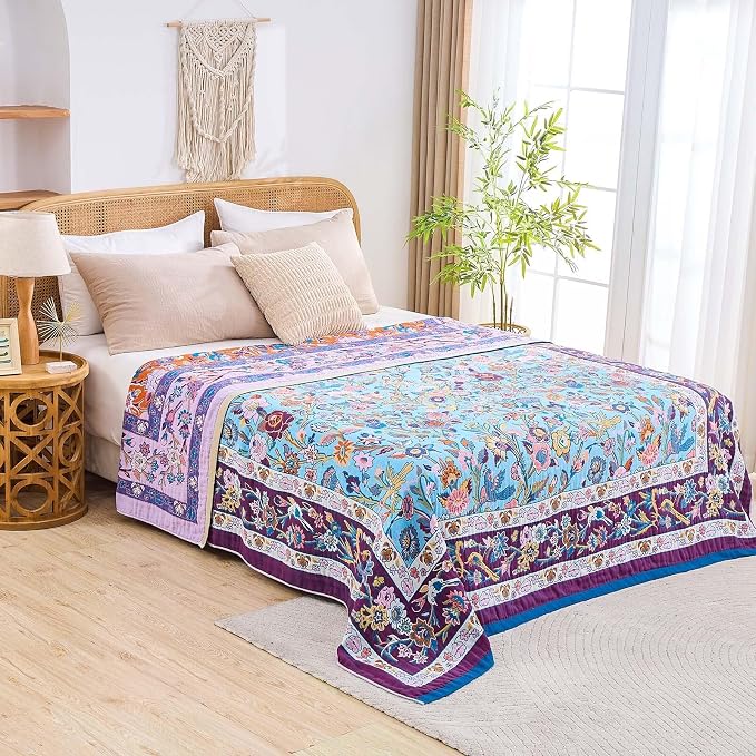 XIBLC Fall Blanket for Bed, 100% Cotton Soft Rustic Boho Throw Blanket Quilt, 90"x98" Farmhouse Decor Bed Flower Blankets, Light Weight Reversible Bohemian Throw Quilt