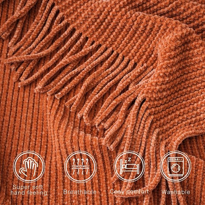 BATTILO HOME Rust Orange Throw Blanket for Couch, 50"x60" | Soft Chenille Knit Blanket with Tassels for Home Decor, Spring Fall Decor Throws for Couch Cover
