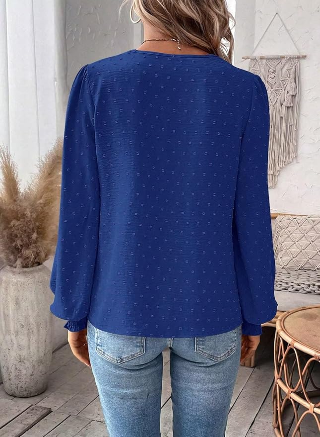Womens Tops Swiss Dot Boho Long Sleeve Shirts V Neck Casual Chiffon Blouses Flowy Lace Hem Cute Clothing Trendy 2026