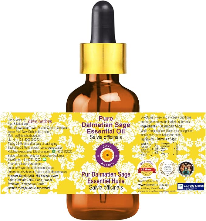 Deve Herbes Pure Dalmatian Sage Essential Oil (Salvia officinals) with Glass Dropper Steam Distilled 5ml (0.16 oz)