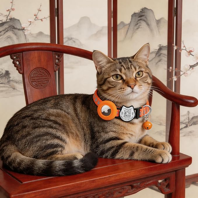 Cat Collar with AirTag Holder, QR Code Tag and Bell (Orange, Paw)