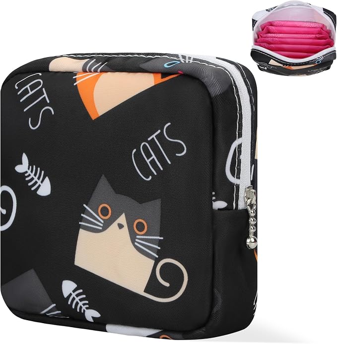 Likesing Period Bag Pouch, Canvas Sanitary Napkin Storage Bag for Girls Womens, Portable Sanitary Napkin Period Pad Pouch Bag for Purse, Small Make Up Bags(5170, Black)
