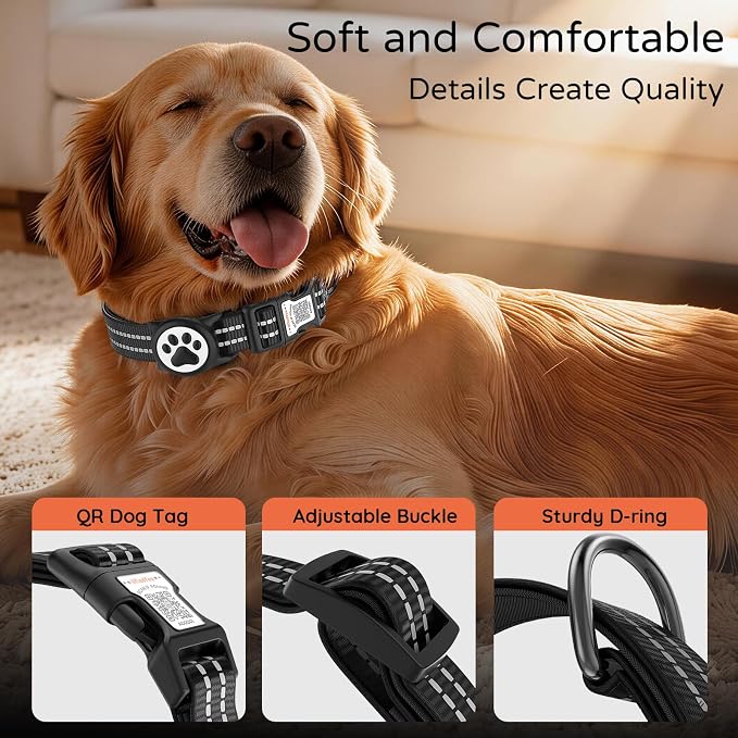Waterproof AirTag Dog Collar with QR Code Dog Tag, Black02 M | IP68 waterproof, QR code dog tag, Anti-Lost, Online profile, fits XS-L (8"-26"), Padded nylon, Reflective, No App, No Fees