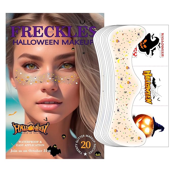 8 Pcs Halloween Face Gems Glitter Freckles Tattoos - Waterproof Face Jewels with Pumpkin Ghost Designs - Sparkling Face Makeup Stickers for Women, Kids, Party & Rave Supplies