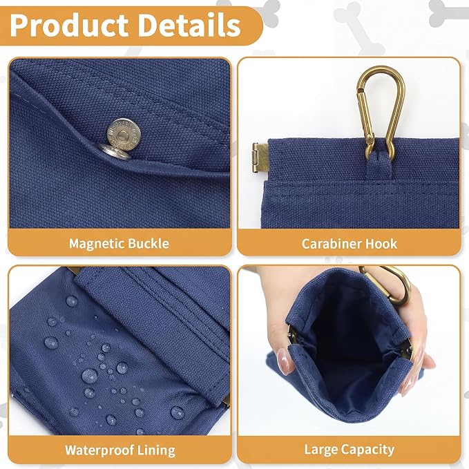 Dog Treat Pouch for Pet Training, Carabiner & Magnetic Buckle, Navy