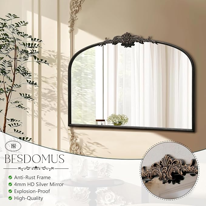 Besdomus Antique Black Wall Mirror: 32"x24" French Ornate Decorative Mirror | Vintage Baroque Ornate Arched Metal Framed for Mantel/Hallway/Bathroom Vanity/Dresser - Ideal Gifts for Housewarming/Birthday