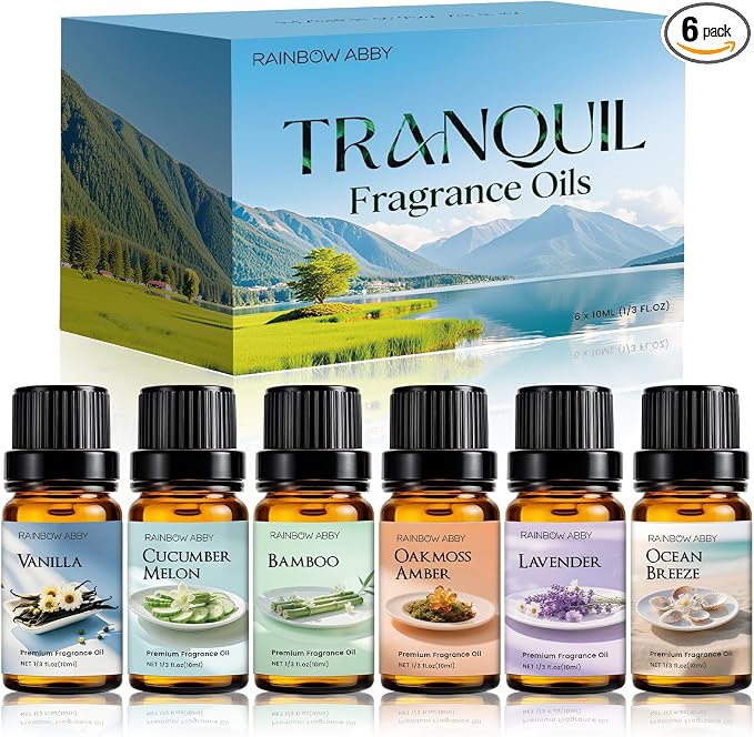 RAINBOW ABBY Tranquil Fragrance Oil Set, Bourbon Vanilla, Cucumber Melon, Lavender, Oakmoss Amber, Bamboo, and Ocean Breeze Candle Scents for Candle Making, Soap Making, Diffuser Oil Scents