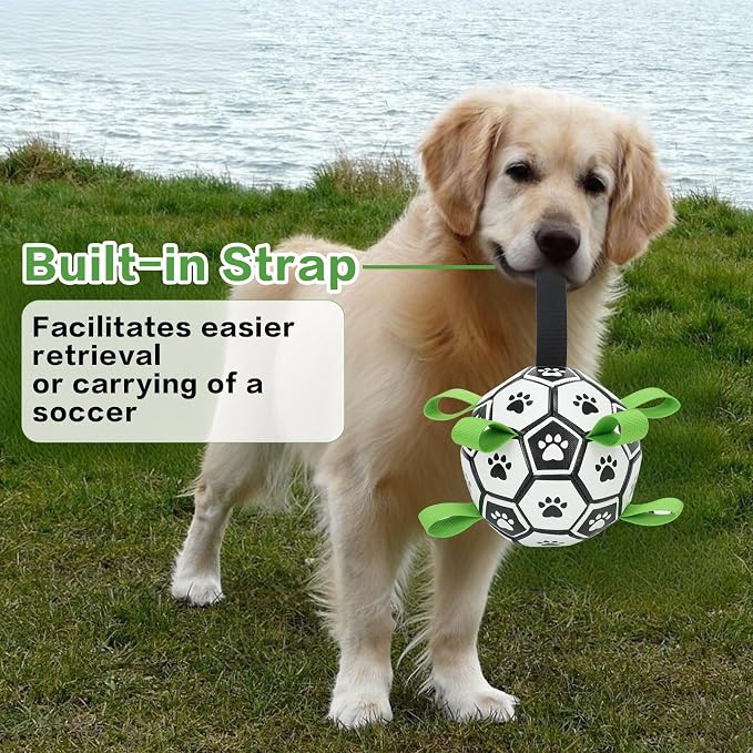 Dog Soccer Ball with Straps, 7.25 Inch Herding Dog Ball Toys Dog Birthday Toy, Balls for 30-90lbs Dogs, Outdoor Dog Ball Toy for Medium Large Puppy, Interactive Toy for Tug, Water Toy Ball