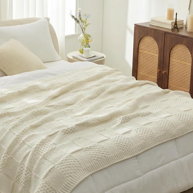 Knit Throw Blanket, Soft Chenille Cozy Breathable Checkered Chunky Decorative Blanket for Couch, Bed & Sofa, French-Inspired Lightweight Warm Gift for Women, Ivory, 50"x60"
