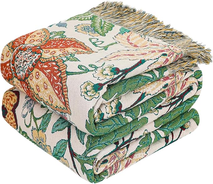 MSGKV Boho Throw Blanket 60"x80" Summer Cotton Floral Blanket for Twin | 100% Cotton Muslin, Botanical Throw Blanket, Reversible Weave, Soft & Breathable, Elegant Home Decor, Machine Washable