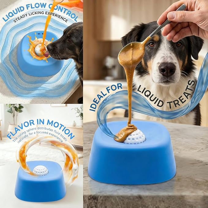 Slow Feeder Licking Bowl for Dogs, Rolling Ball Liquid Treat Dispenser for Broth Yogurt Puree, Non-Slip Food-Grade Bowl, Interactive Enrichment Toy for Puppies Small Medium Large Dogs (Blue-1PCS)