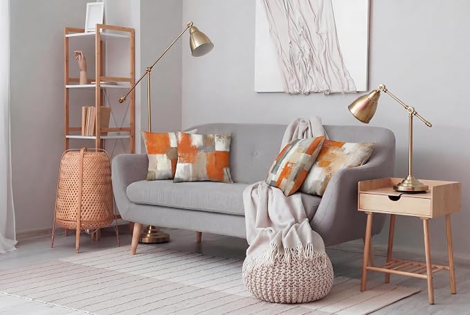 Burnt Orange Modern Abstract Throw Pillow Covers 18x18 Set of 4 | Burnt Orange & Grey Geometric Cushion Cases, modern aesthetic pillowcases for sofa, bedroom & chair.