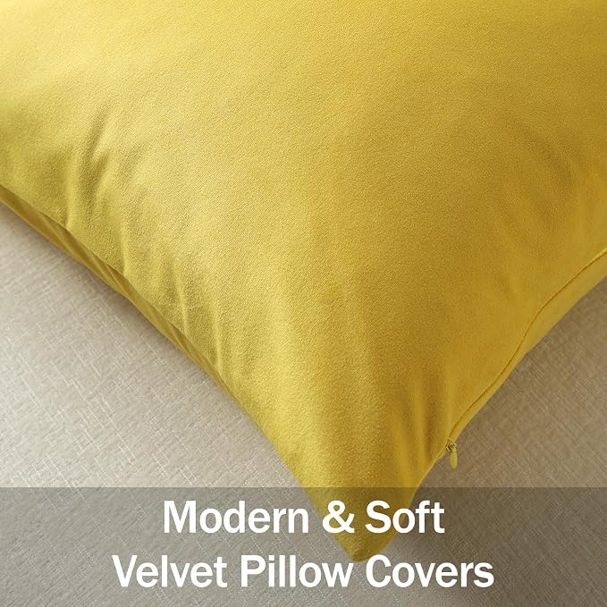 Throw Pillow Covers 18x18 Yellow: Pack of 2 Cozy Soft Velvet Square Modern Luxury Decorative Throw Pillow Cases for Sofa Couch Living Room Bed Home Decor