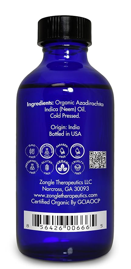 Organic, Neem Oil, for Plants, Skin, Hair, Dogs – 100% Pure, Neem Oil, by Zongle Therapeutics, 4 OZ