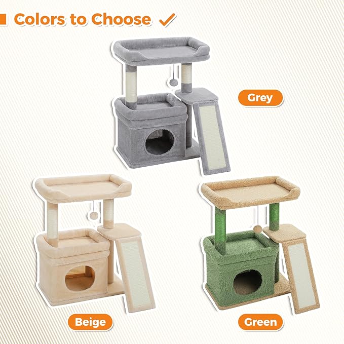 PEQULTI Cat Tree for Small Medium Cats, Beige Cat Tower for Indoor Cats | Beige aesthetic cat furniture with soft perch, private condo, natural sisal scratch post for indoor small medium kittens