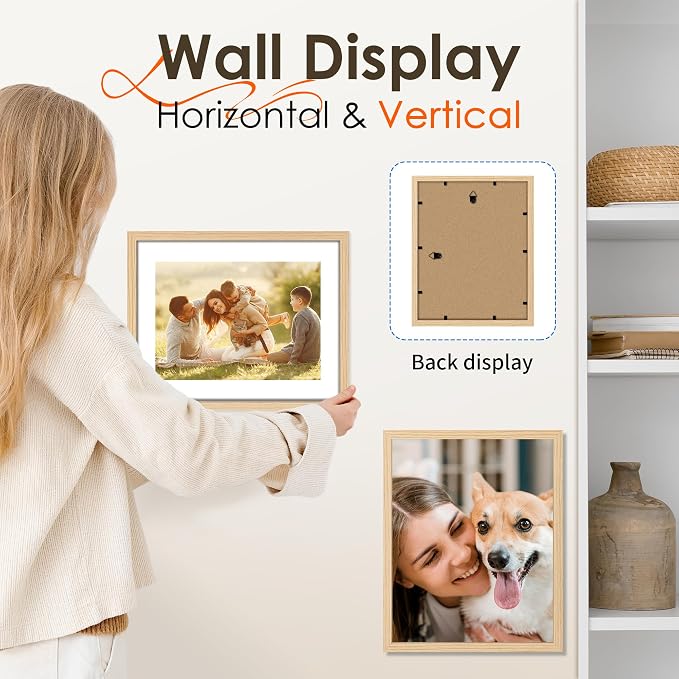 11x14 Picture Frame 2 Pack, Photo Frame with HD Plexiglass, Display Pictures 8x10 with Mat or 11x14 Without Mat, Natural Picture Frames Collage Wall Decor, Gallary Wall Frame