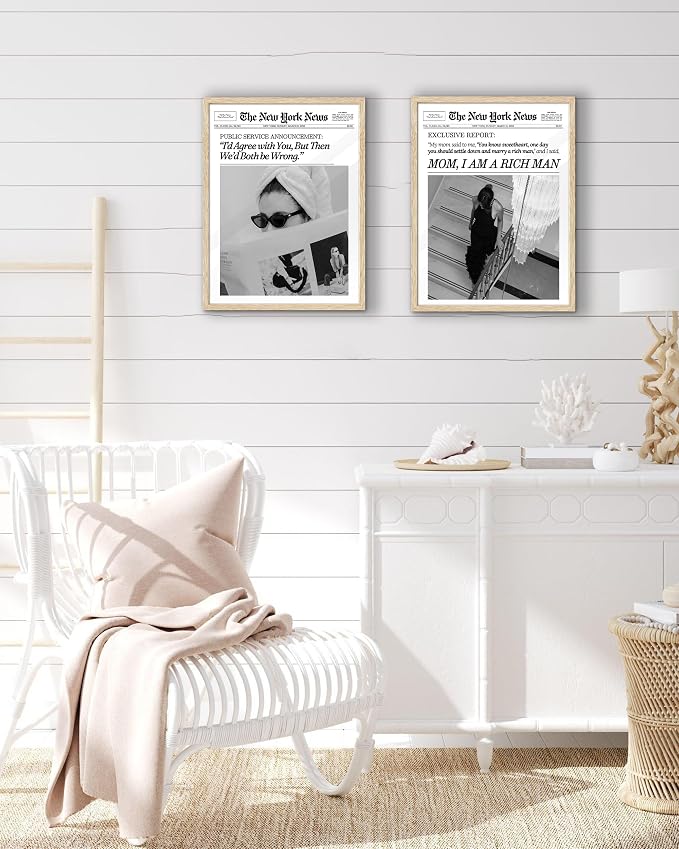 EcoHest 12x16 in Cool Girl Newspaper Framed Wall Art for Bedroom | Natural Oak Wood Frame, Canvas Wall Art, Girly Fashion Magazine Decor for Bedroom, Apartment, Dorm Room, College Room, 1Pack
