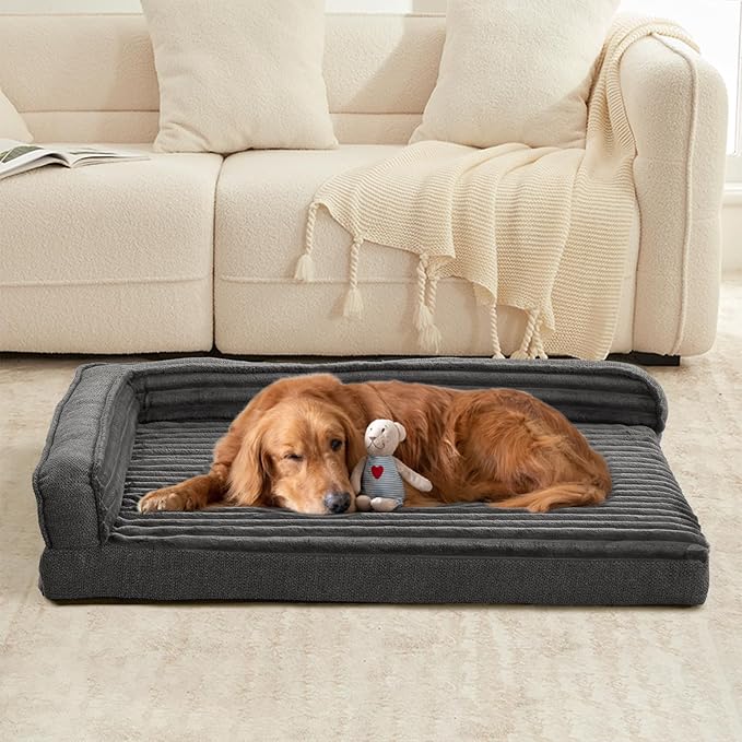 WINDRACING Orthopedic Dog Beds for Large Dogs 40x28 inch, L Shape Waterproof Dog Bed with Bolster Sides, Washable Big Pet Bed with Removable Cover & Non-Slip Bottom, Gray