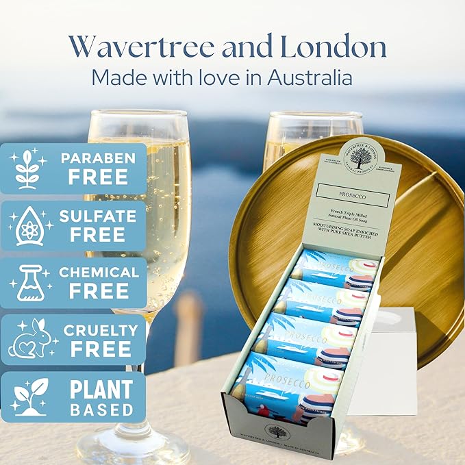 Wavertree & London Prosecco Scented Natural Soap (8 Bars), 7oz Moisturizing French Triple Milled Soap Bars enriched with shea butter - Pure Plant Oil Bath & Body Bars for All Skin Types