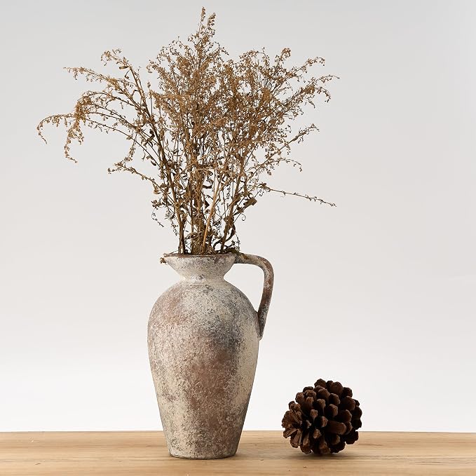 PORCER 9.3 Inch Antique Ceramic Vase, Terracotta Vase with Handle, Tuscan Decor Farmhouse Decorative Vase, Rustic Vase for Home Decor, Living Room, Entryway, Wedding - Distressed Design, Gray