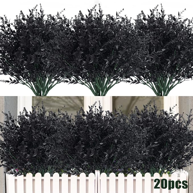 RECUTMS 20 Bundles Fake Black Decor Artificial Greenery Outdoor Flowers | Autumn Plastic Shrubs,Fake Plants,UV Resistant, Indoor/Outdoor Use, Hanging Fall Decorations,Halloween,Black Wedding