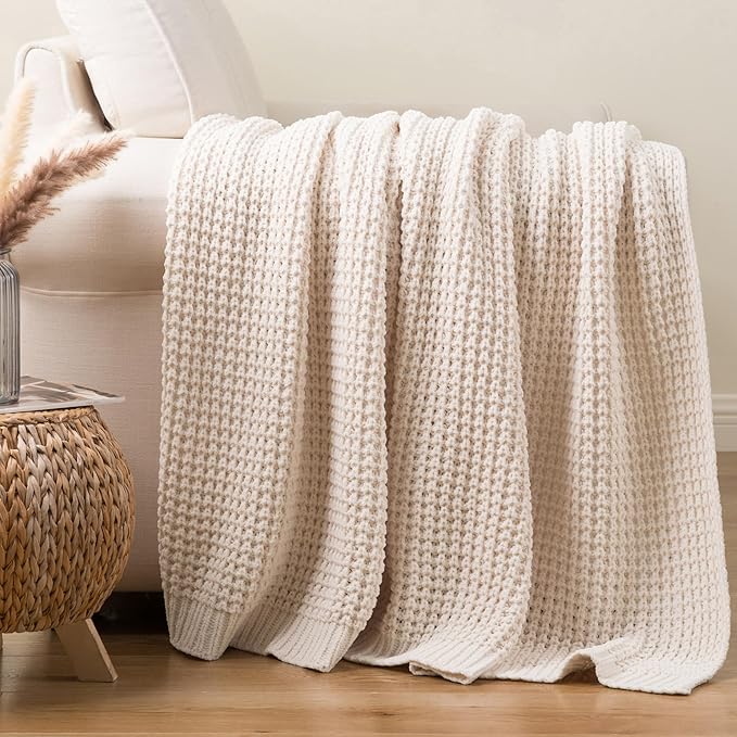 Cream White Throw Blanket for Couch Bed, Waffle Knit Throw Blanket 50"x60" | Ivory Chunky Chenille Throw Blanket, Modern Farmhouse Knitted Blankets, Warm Decorative White Blanket Throw for Home Decor
