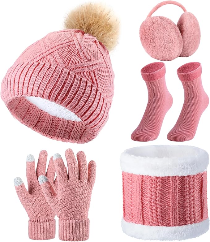 SATINIOR 5 Pcs Winter Hat Scarf Gloves Set Fleece Warm Lined Knit Beanie Hat Touch Screen Earmuff Gloves Warmer for Women(Pink,Stylish Style)