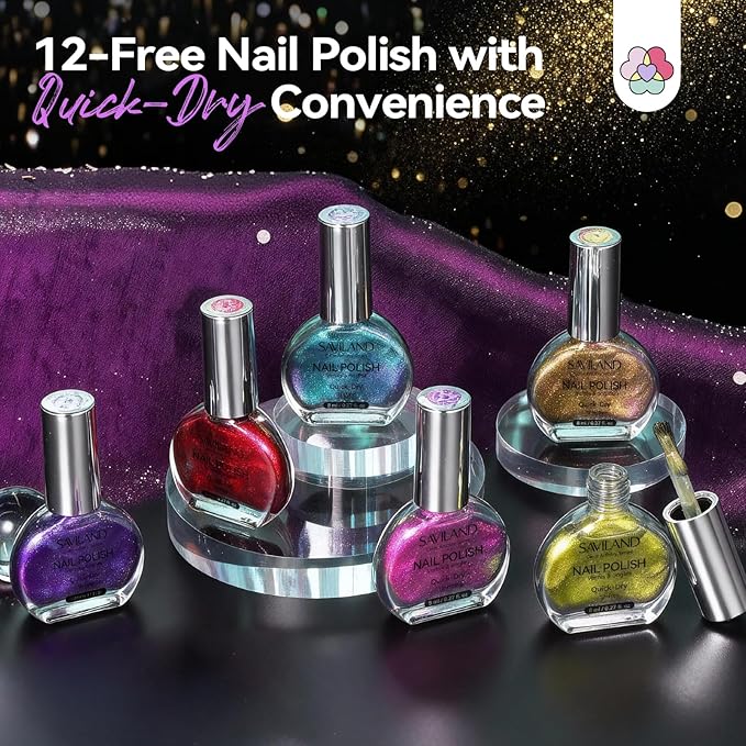 SAVILAND Chrome Nail Polish Set: 12-Free Chameleon Holographic Nail Polish Quick Dry 6 Colors Metallic Fingernail Polish Nail Lacquer Set Nail Art Galaxy Nails DIY Christmas Gift For Women 8ml