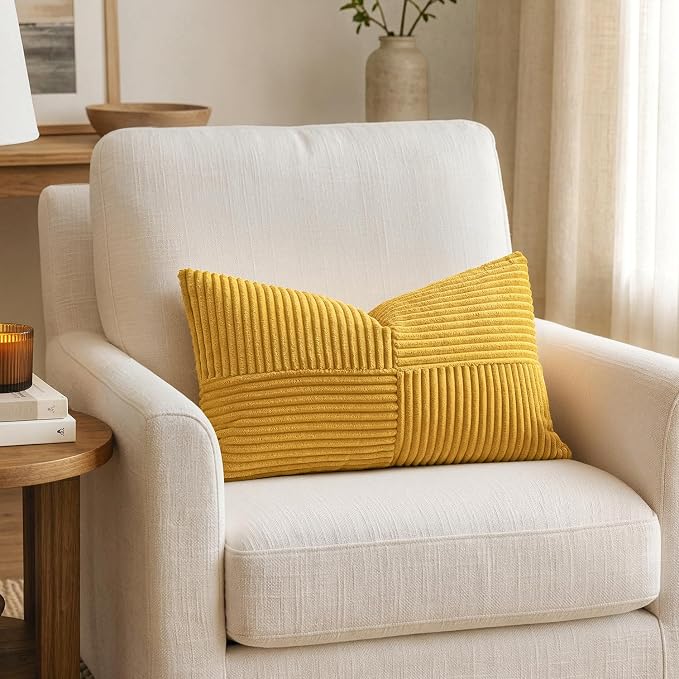 MIULEE Mustard Yellow Decorative Lumbar Throw Pillow Covers 12x20 in 2 Pack | Summer Boho Farmhouse Pillow Covers, Soft Cross Corduroy Patchwork Textured Cushion Cases For Bed Sofa