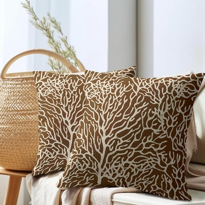 Nautical Coastal Coral Pillow Covers 20x20 Inch Set of 2 Summer Ocean Beach Brown Decorative Pillow Cases Outdoor Linen Cushion Cover Farmhouse Decor for Bedroom Home Sofa Couch Bed