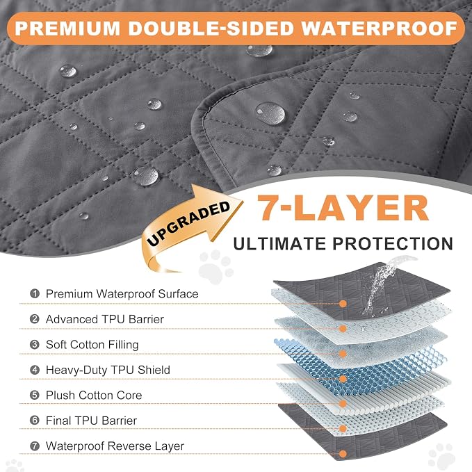 100% Waterproof Washable Dog Blanket，Gray+Gray，35"x71" | ,7-Layer Reversible Couch Covers for Dogs Met for Sofa Furniture Car Camping