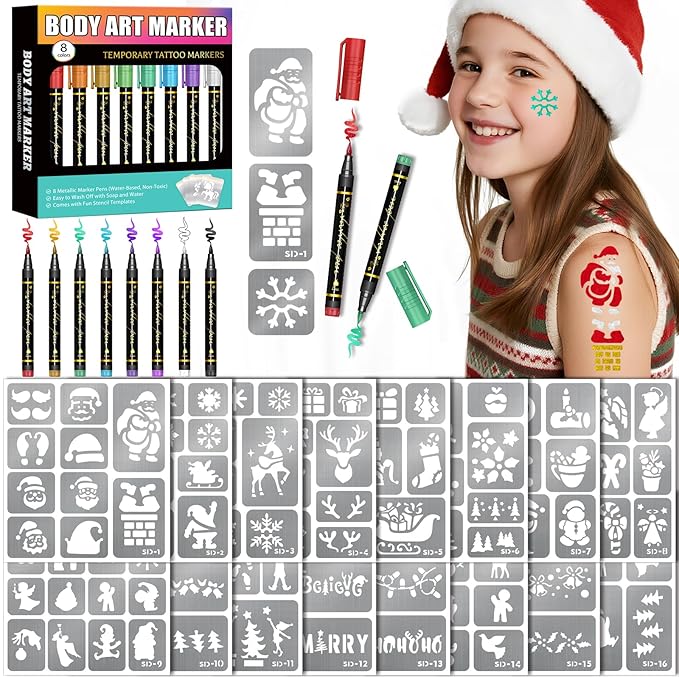 Temporary Tattoo Markers for Skin, 8 Body Markers + 158 Christmas Tattoo Stencils for Kids Adults, Flexible Brush Tip & Bright Colors Body Marker and Fake Tattoos Stencils Set for Party Favor Gift