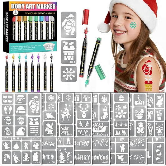 Temporary Tattoo Markers for Skin, 8 Body Markers + 158 Christmas Tattoo Stencils for Kids Adults, Flexible Brush Tip & Bright Colors Body Marker and Fake Tattoos Stencils Set for Party Favor Gift