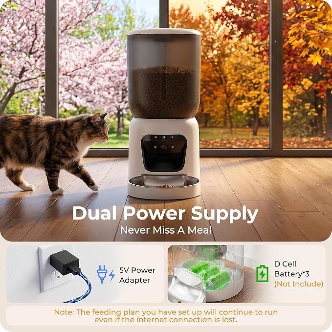 Automatic Cat Feeder with 2K Camera: 5G WiFi Auto Dog Feeder - 6L | Night Vision, Two-way Audio, Voice Recording, Smart APP Control, 304 Stainless Steel Bowl, Detachable for Easy Clean - White