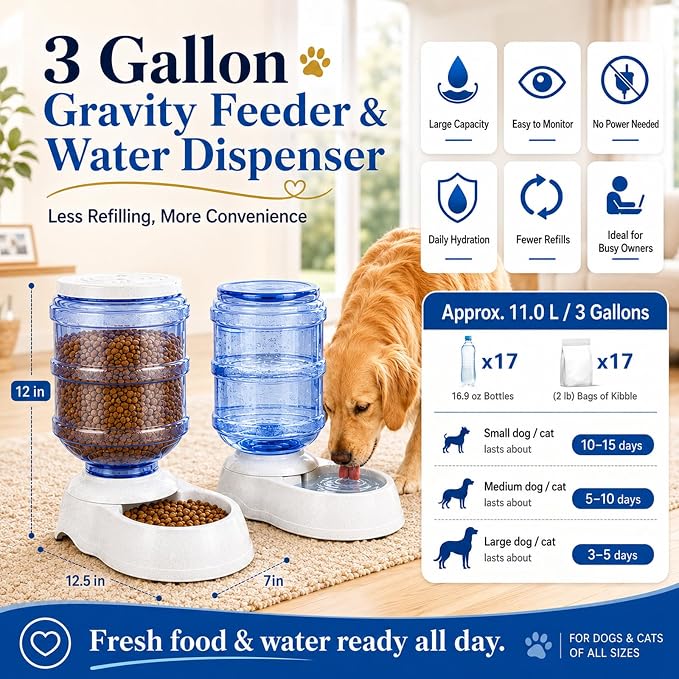 Automatic Dog Feeder and Water Dispenser Set for Large Dogs, 3 Gallon Gravity Dog Cat Food and Water Dispenser Set with Pet Food Bowl,Large Pet Food Water Dispenser Station