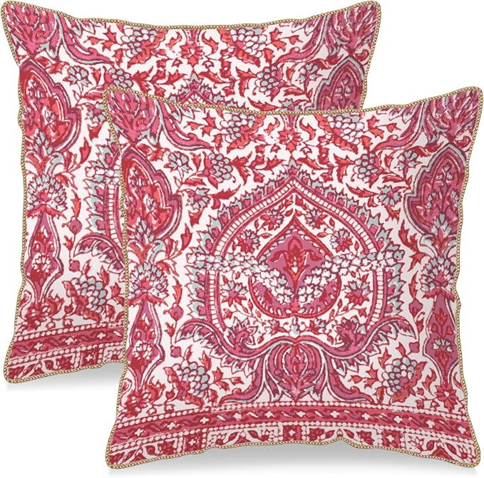 KSLIDS Pink Teal Flower Soft Velvet Throw Pillow Covers Set of 2 Boho Ethnic Red Foral Decorative Pillow Covers 18x18 Inch Bohemian Farmhouse Pillow Case for Sofa Couch Living Room Home Decor