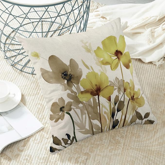 Spring Floral Pillow Covers 18x18 Inches Set of 2 Yellow Brown Floral Throw Pillow Covers Outdoor Rustic Summer Flower Decoration Pillowcase Farmhouse Decorative Cushion Cover for Couch Sofa