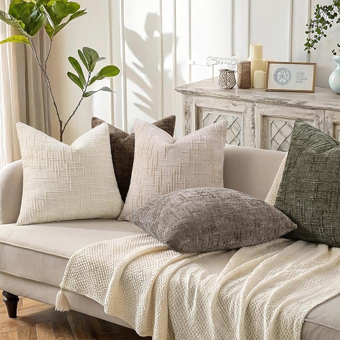 decorUhome Textured Chenille Throw Pillow Covers 26x26 Set of 2 Taupe | Fall Modern Farmhouse Soft Cozy Slubby Couch Pillow Cases Boho Decorative Pillow Cases for Bed Sofa Living Room Home Decor