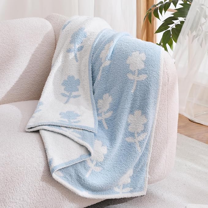 Snuggle Sac Twin Size Bedding Blanket, Blue Flower Throw Blanket for Couch, Microfiber Fluffy Warm Cozy Fuzzy Soft Reversible Blankets, Blue, 60x80 inches