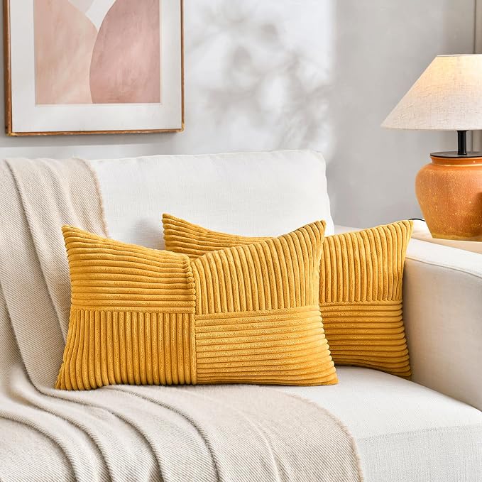Fancy Homi Gold Yellow Long Lumbar Decorative Throw Pillow Covers 12x24 Inch for Living Room Couch Bed, Boho Farmhouse Fall Home Decor, Soft Corduroy Corss Textured Cushion Case 30x60 cm